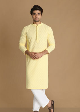 Light Yellow Chikankari Kurta Pajama image number 1